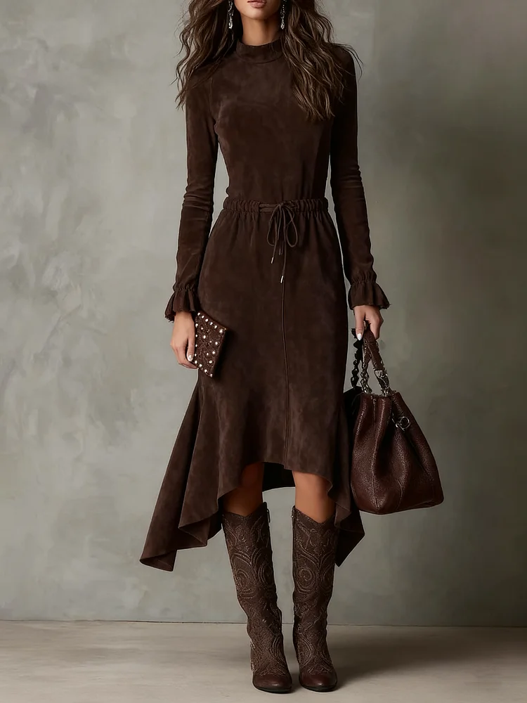 Elegant Dark Brown Suede Drawstring Irregular Midi Dress