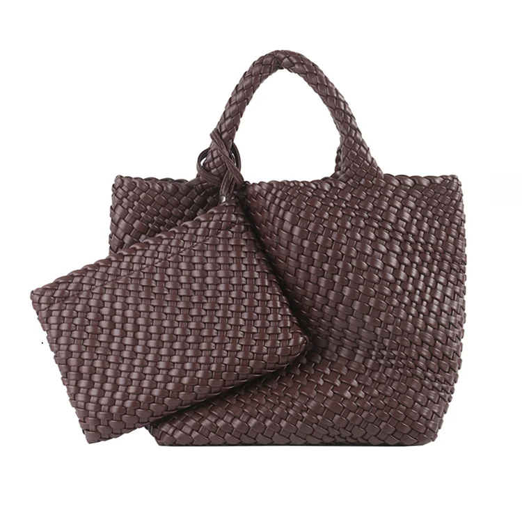 Fashion Totes Handbag Large PU Woven Female Shoulder Bag with Purse (Coffee)