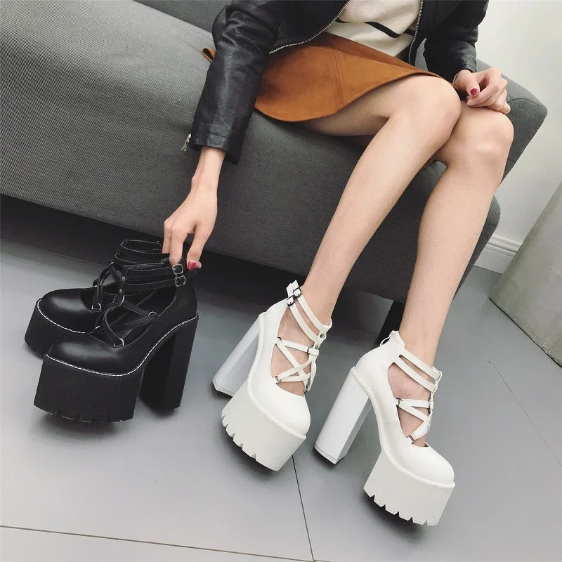 Black/White Super High Heel Thick Bottom Pumps Shoes SP17442