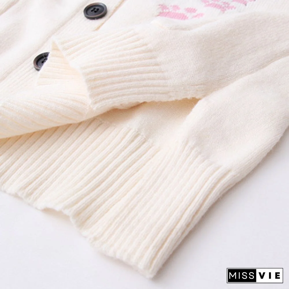 Cartoon Cat Print Cardigan Sweater Shirt Denim Pants Set