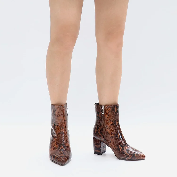 75mm Women's Zipper Pointed Toe Chunky Heel Ankle Boots Snakskin VOCOSI VOCOSI