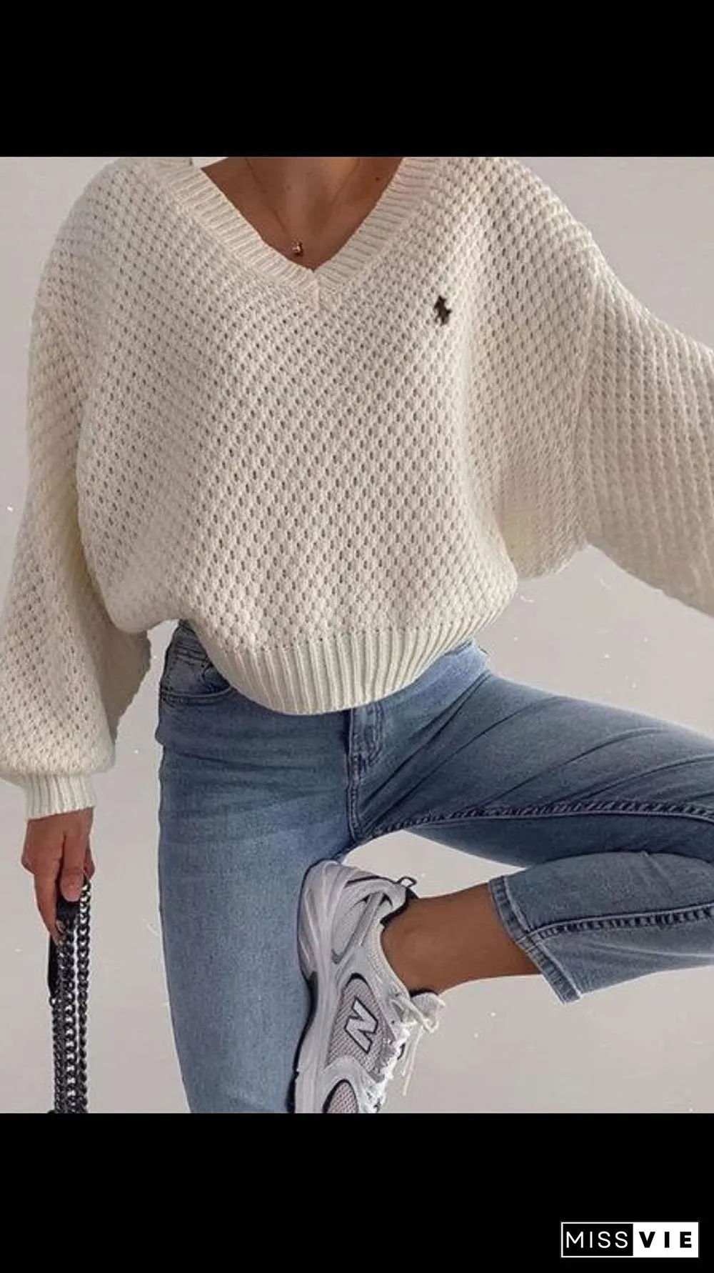 Chunky V Neck Waffle Knit Jumper Sweater For Ladies