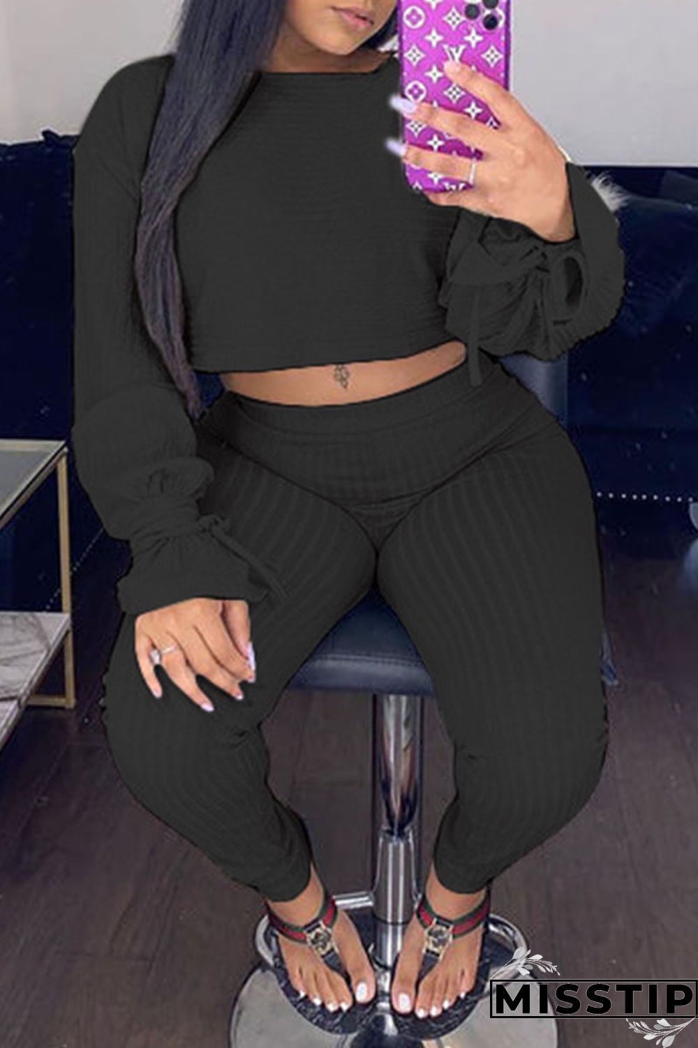 Black Casual Solid Patchwork O Neck Long Sleeve Two Pieces