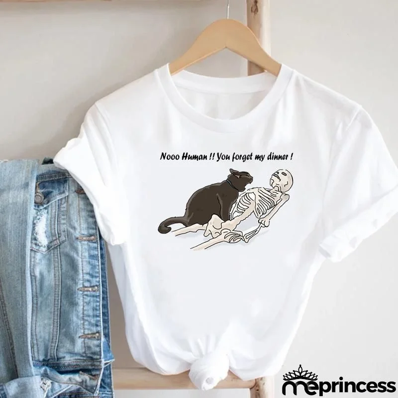 Women Loose Simple Cartoon Cat Footprint Print Round Neck Short Sleeve T-Shirt