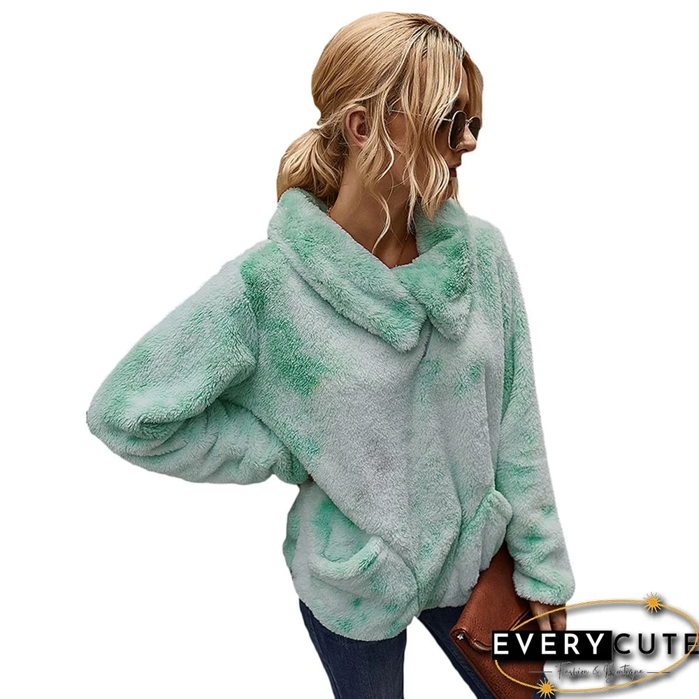 Light Green Tie Dye Fuzzy Pullover with Pockets