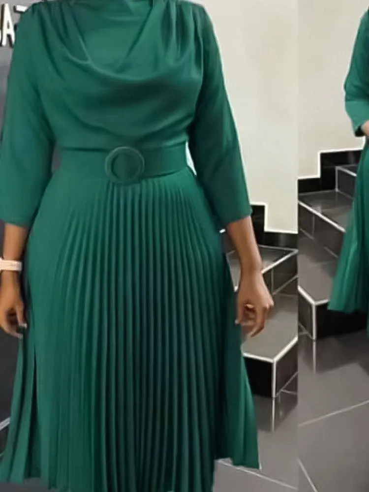 Brownm Autumn Fashion African Solid Color Pleated Dresses