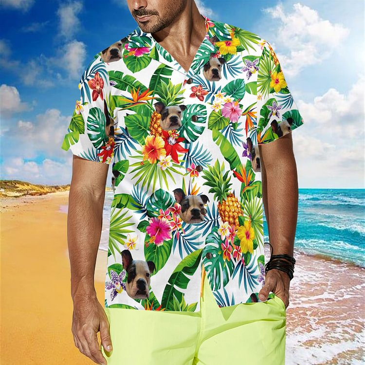 BrosWear Fun Dog Hawaii Vacation Cuban Collar Shirt
