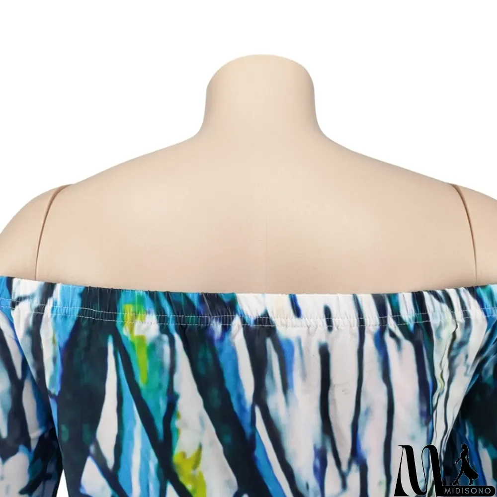 MidiSono - Autumn Plus Size Printed White Off Shoulder Puff Sleeve Long two piece skirt set