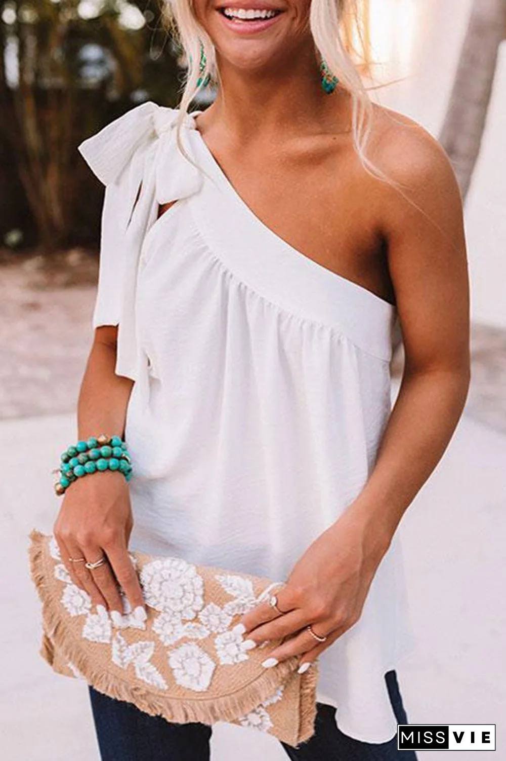 Fashion Sweet Solid Split Joint One Shoulder Tops(5 Colors)