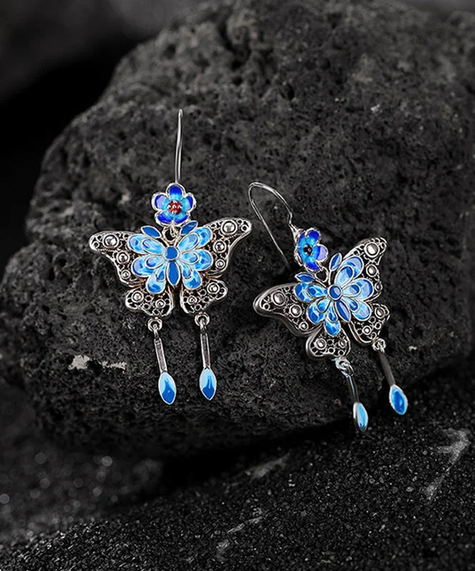 Vintage Boutique Blue Sterling Silver Butterfly Plum Blossom Tassel Drop Earrings