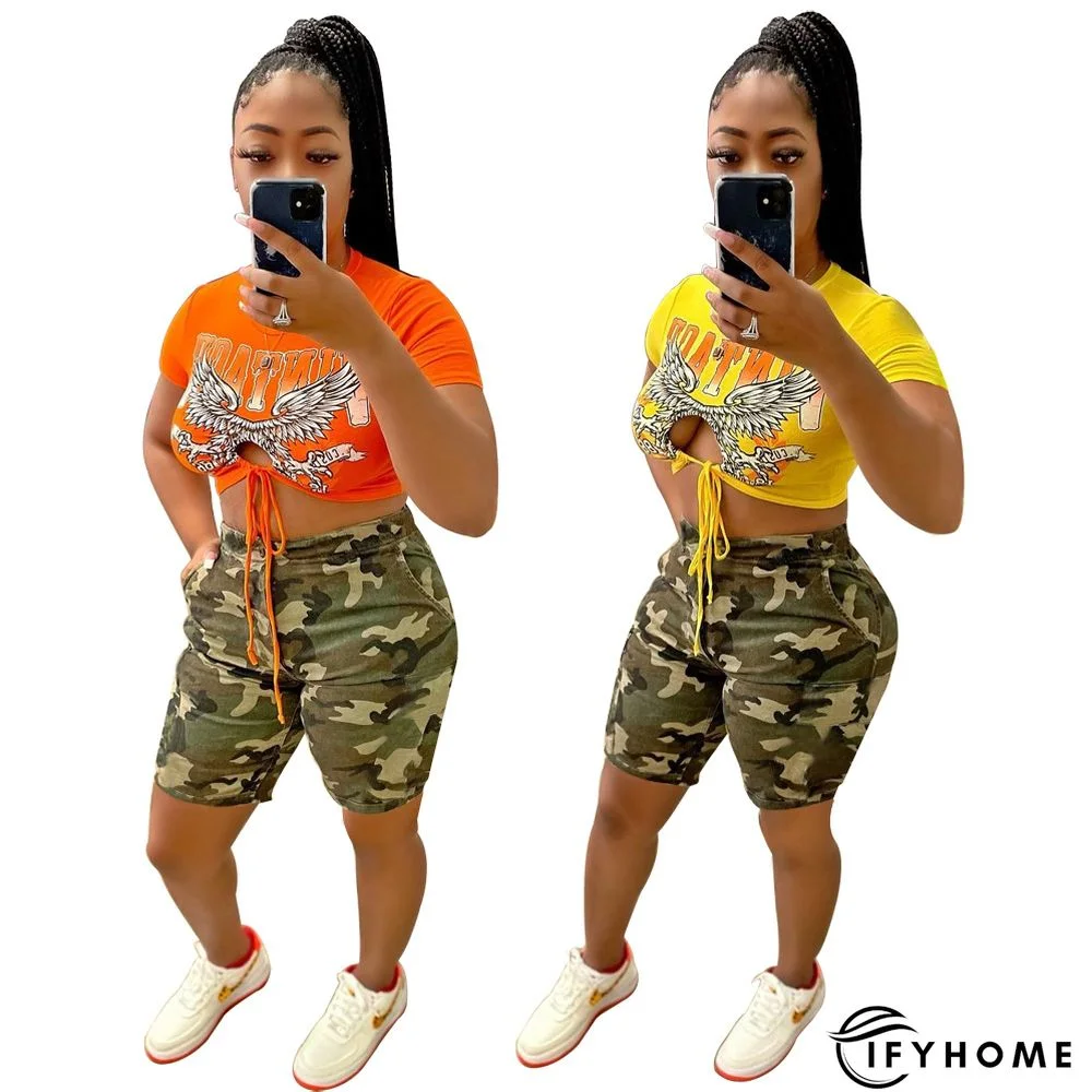 Two-piece Fashion Print Hollow-out Navel Camouflage Shorts | IFYHOME