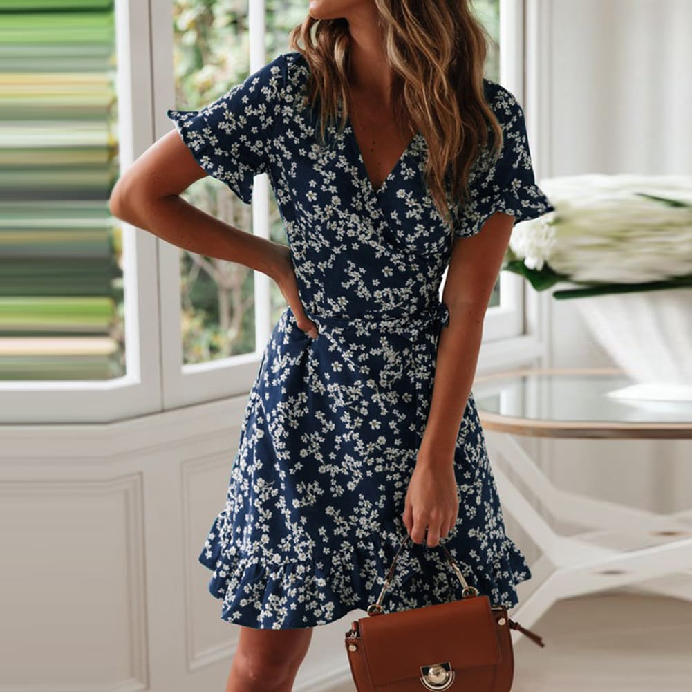 Women Boho Floral Short Mini Dress Party Evening Ladies Summer Beach Holiday Sundress Women Casual Short Sleeve Mini Dress