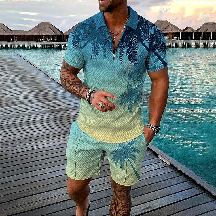 BrosWear Blue Gradient Seaside Print Polo Shirt And Shorts Co-Ord
