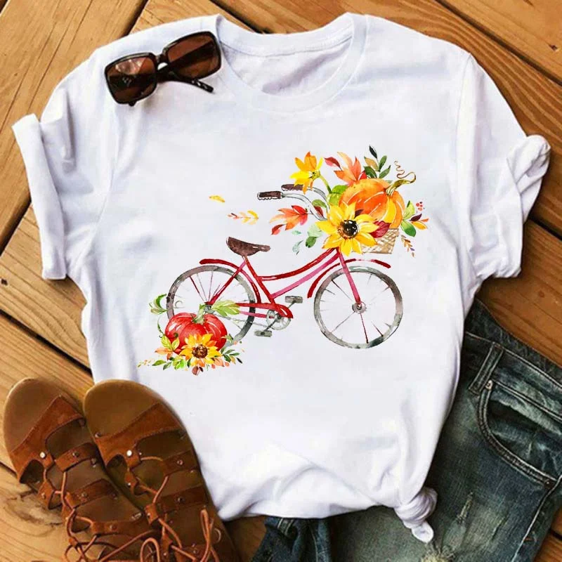 Bicycle with Sunflower Women Tshirt Summer Harajuku Short Sleeve White T Shirts Cartoon Casual Woman Tops Tees