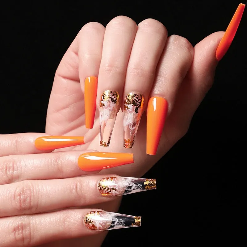 24pcs/set Long Coffin Fake Nails Pre-design Foils Decal Pink Orange Full Cover Nail Art Tips Ballerina Acrylic False Nails 515-1-Nail Inspo