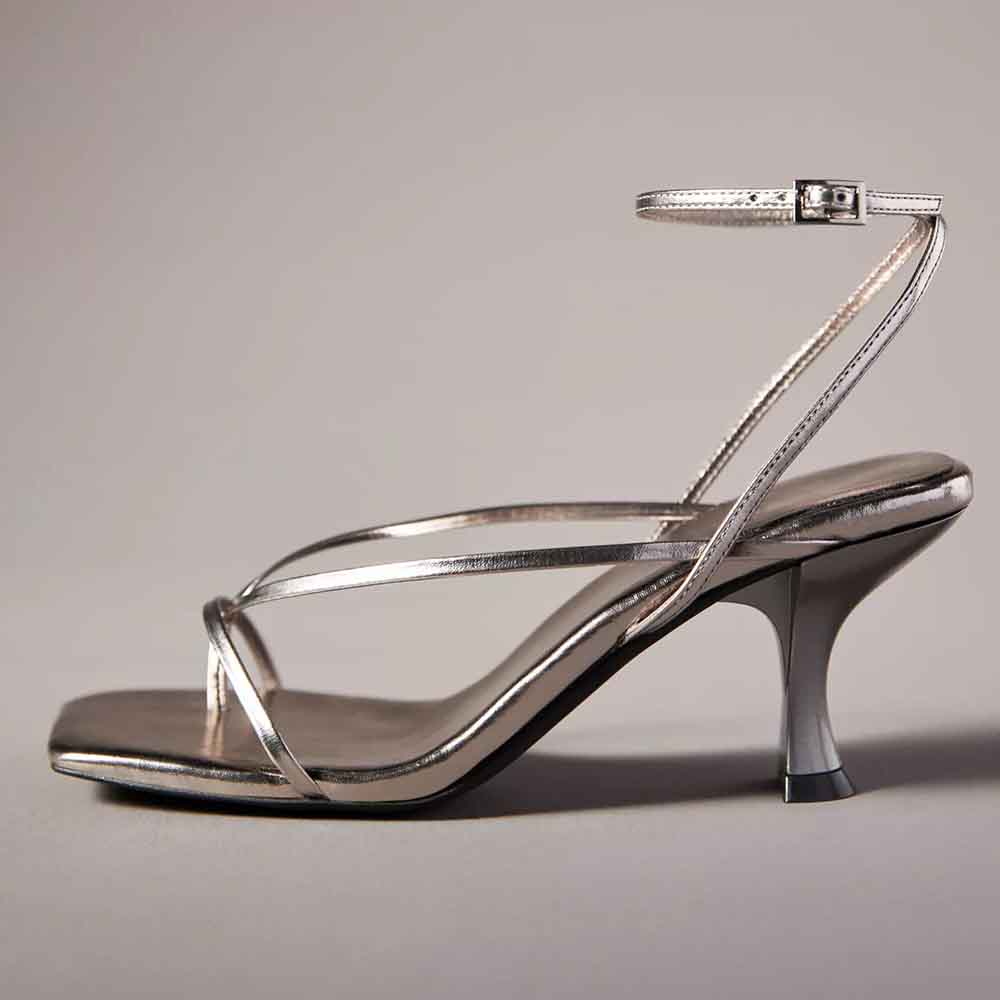 Silver Vegan Leather Square Toe Kitten Heel Strappy Sandals Nicepairs