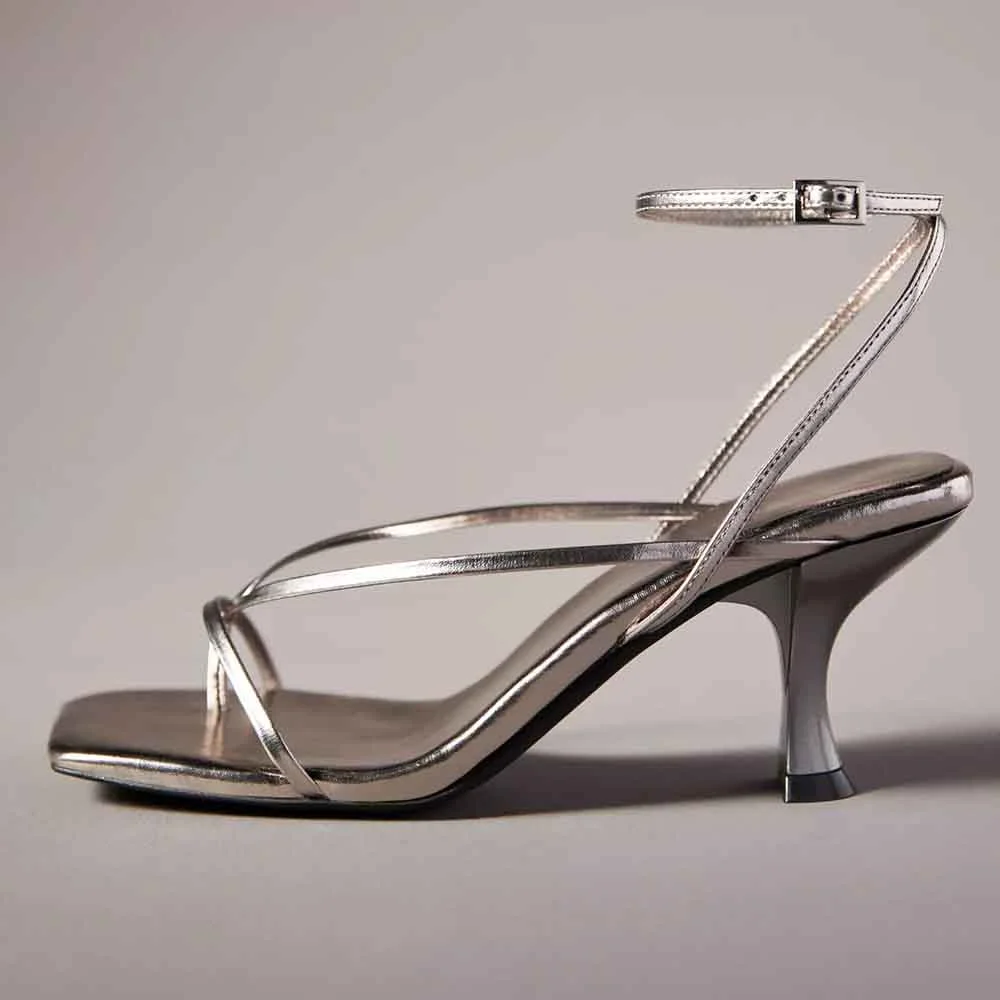 Silver Vegan Leather Opened Square Toe Strappy Sandals With Kitten Heels Nicepairs