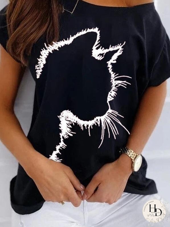 Cat Print Off The Shoulder Casual T-shirt for Women