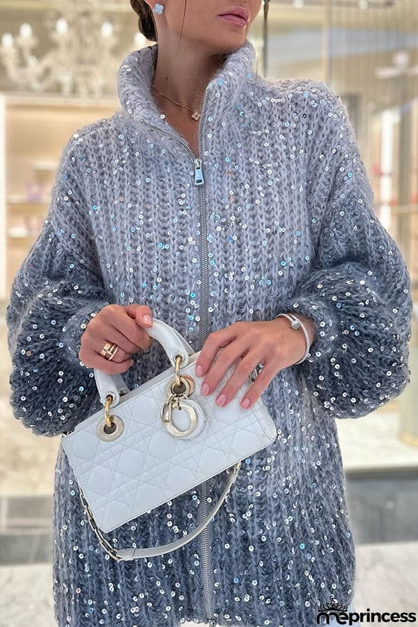 Warm Shining Heart Knit Sequin Balloon Sleeve Zipper Neck Loose Cardigan