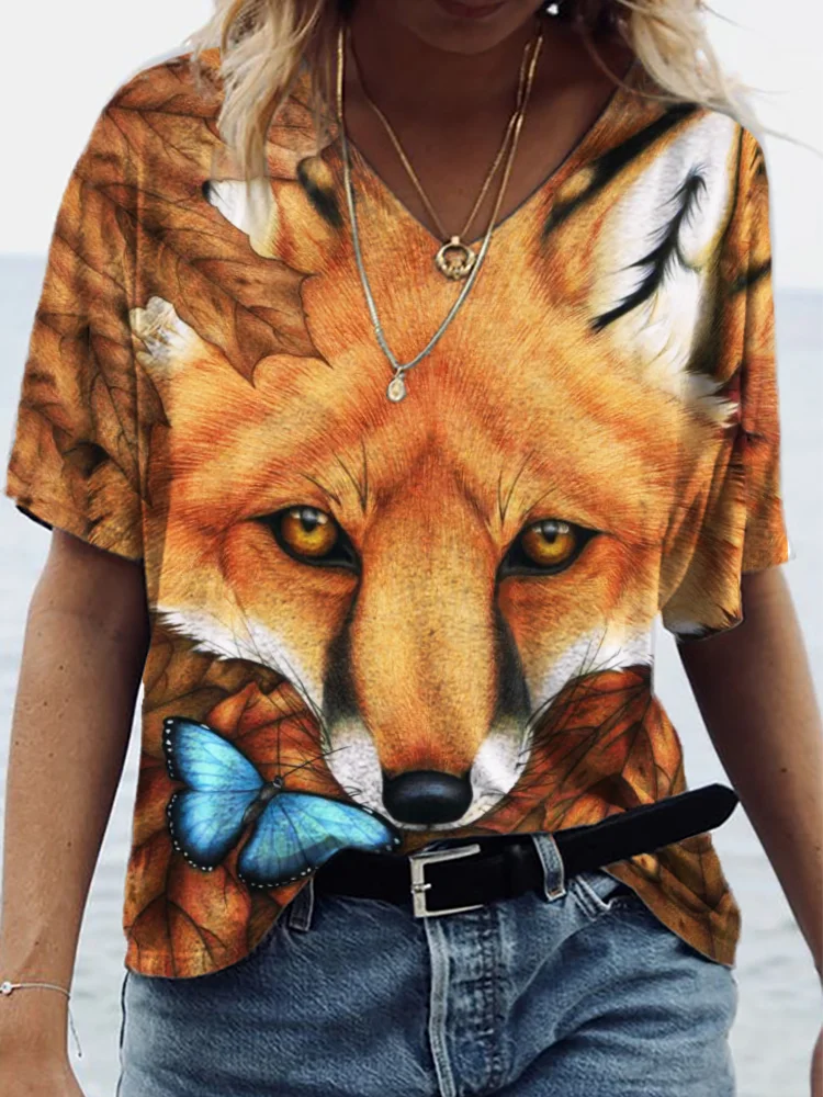 Fall Fallen Leaves Fox Face V Neck T Shirt