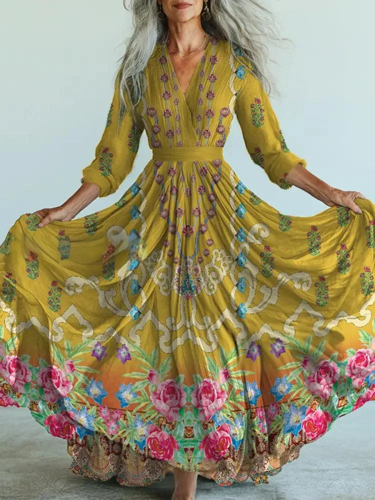 Retro Boho Floral Art Printed Vintage V-Neck Long Sleeves Midi Dress
