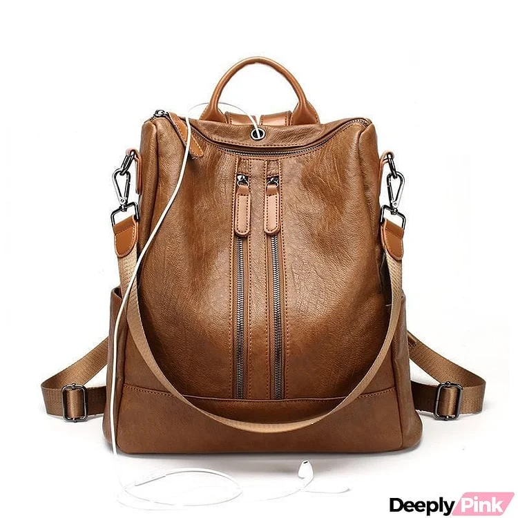 Women's Soft Leather Travel Leisure Multi-function Backpack