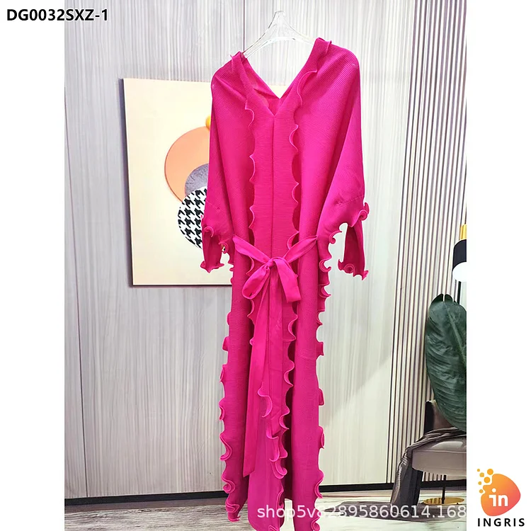 Pleated lace-up Dress 2024 Spring New ruffled fashion long-sleeved dress-DG0032SXZ