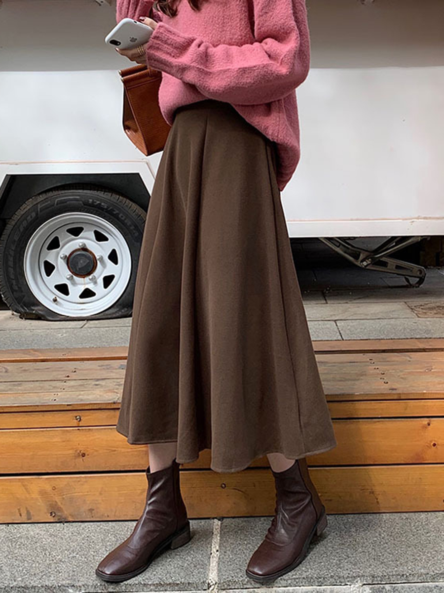 Woolen Draped French Umbrella Shaped High Waist Bust Skirt