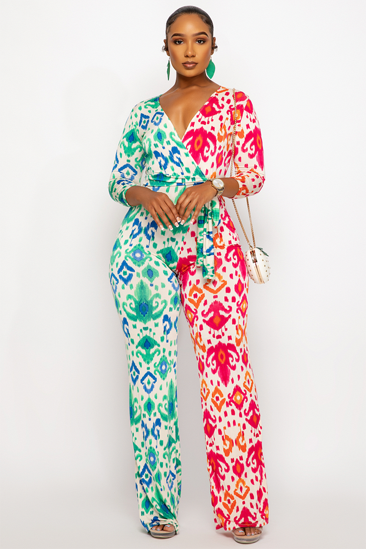 Colorblock Pattern Print Wrapped V Neck Tie Up Jumpsuit [Pre Order]