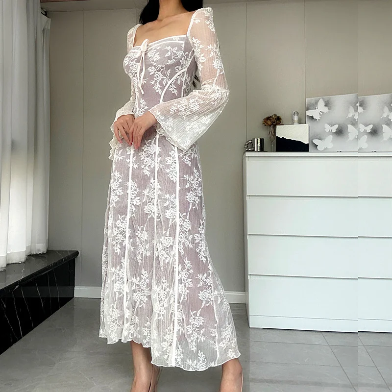 Uveng Uveng Women's Fall 2023 New Sexy Temperament Fish Tail Court Tie Square Collar Lace Lace Dress