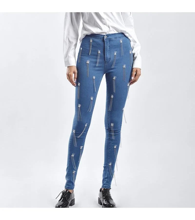 Unique Tassel Design Women Beaded Tight Jeans