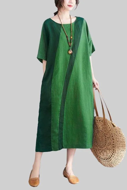 Linen Green Print Half Sleeve Round Neck Midi Dress 