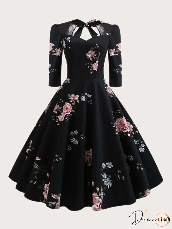 Plus Floral Print Bow Front Fit & Flare Dress for Women