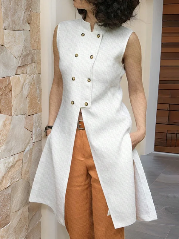 A-Line Loose Buttoned Solid Color Split-Front Split-Side Stand Collar Vest Top