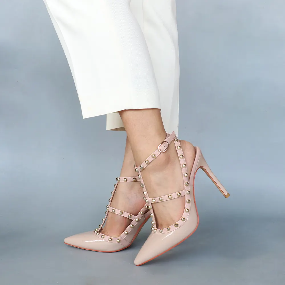 100mm Heels Strap Sandals with Pointed Rivets for Women Slingback Pumps Closed Toe Nude Sandals-vocosishoes