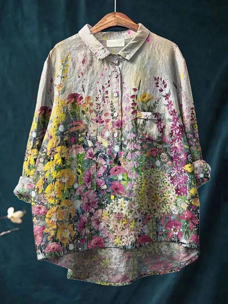 Womens Vintage Flower Art Print Casual Cotton And Linen Shirt