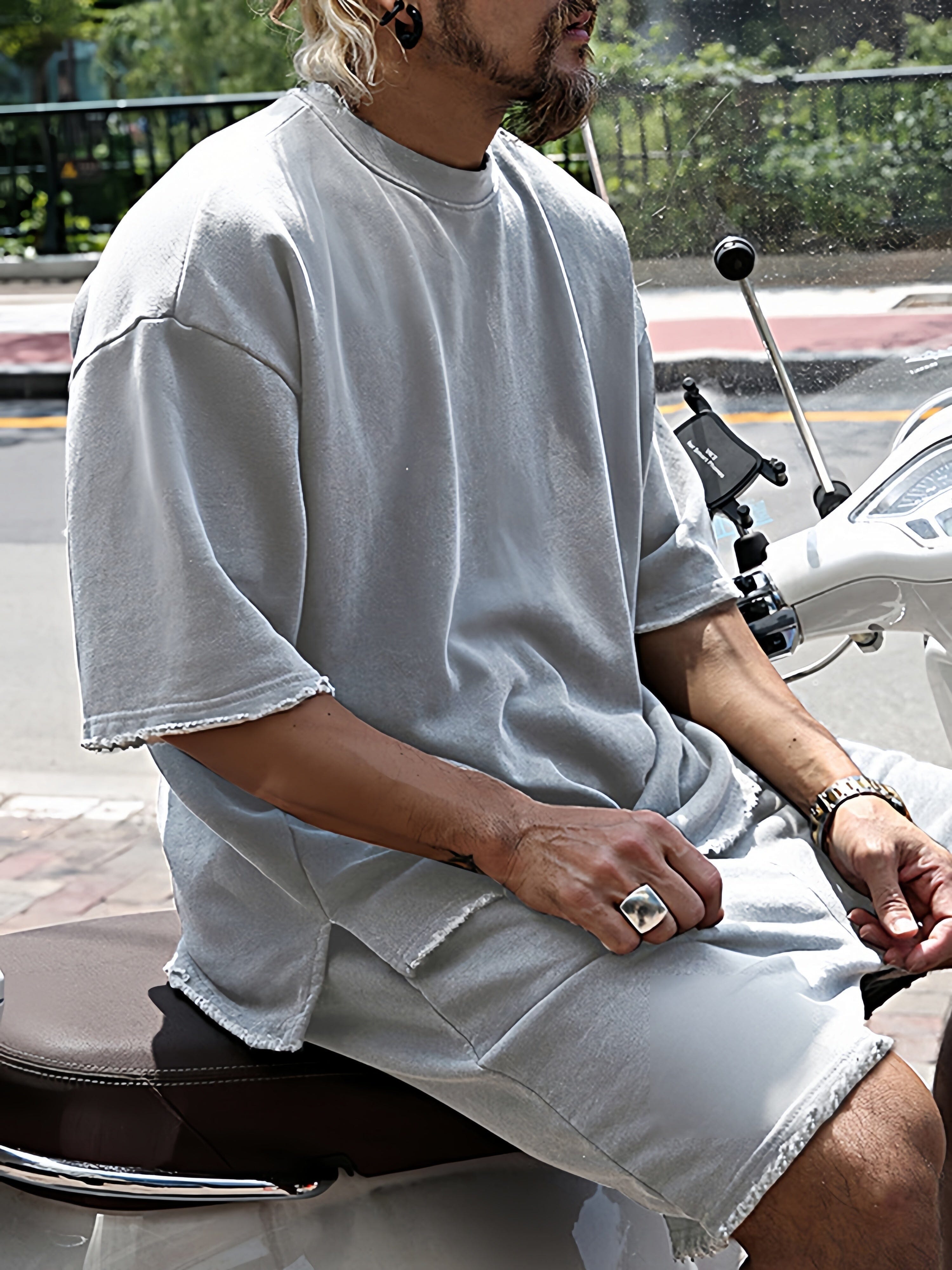 Close outdoor view of the light gray relaxed set