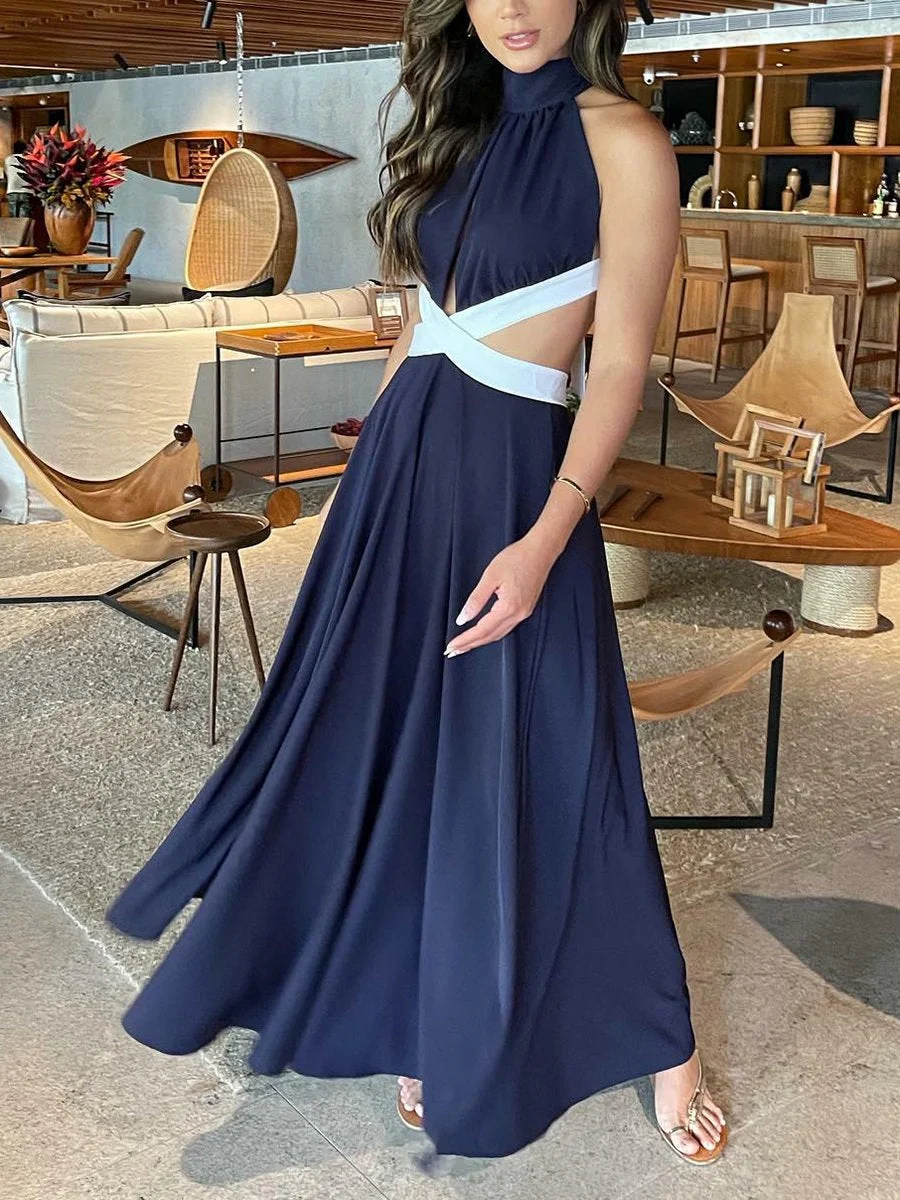Backless Cross Colorblock Maxi Dress