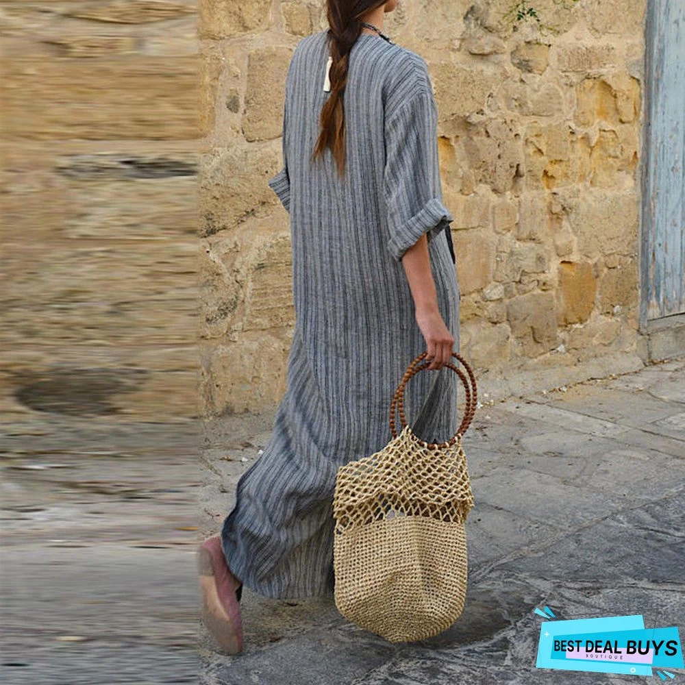 Cotton Linen Yarn Dyed Stripe Loose Long Dress