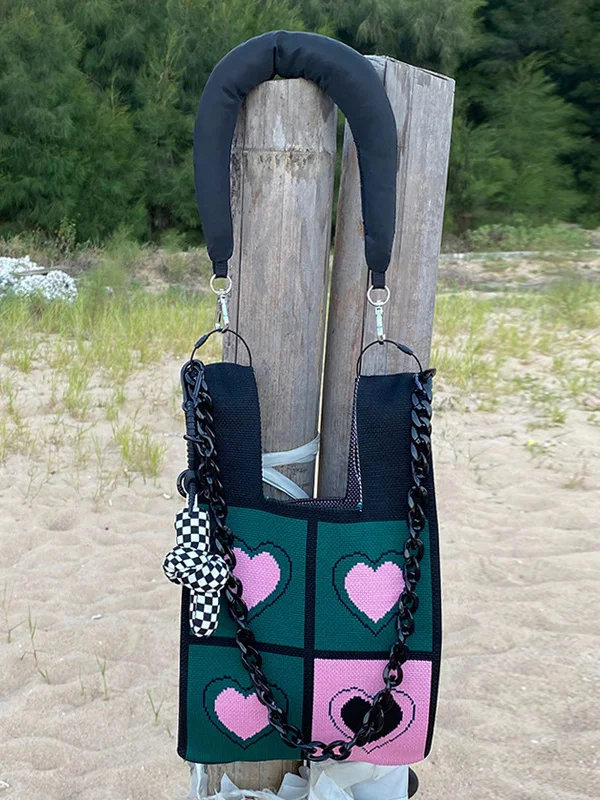 Chains Color-Block Contrast Color Heart Print Woven Shoulder Bags Handbags