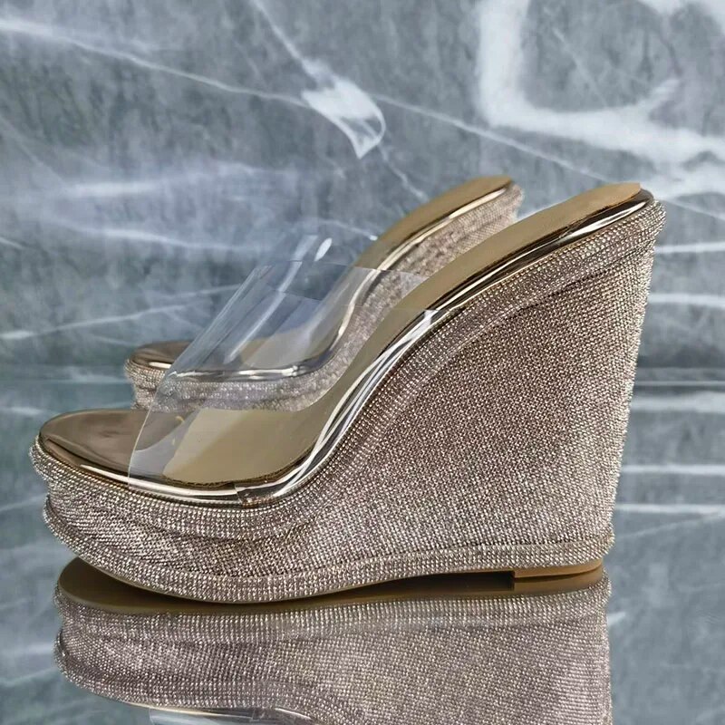 Gold Silver Platform Wedges Sandals Woman Open Toe Pvc Transparent Rhinestone High Heels Lady Wedding Shoes