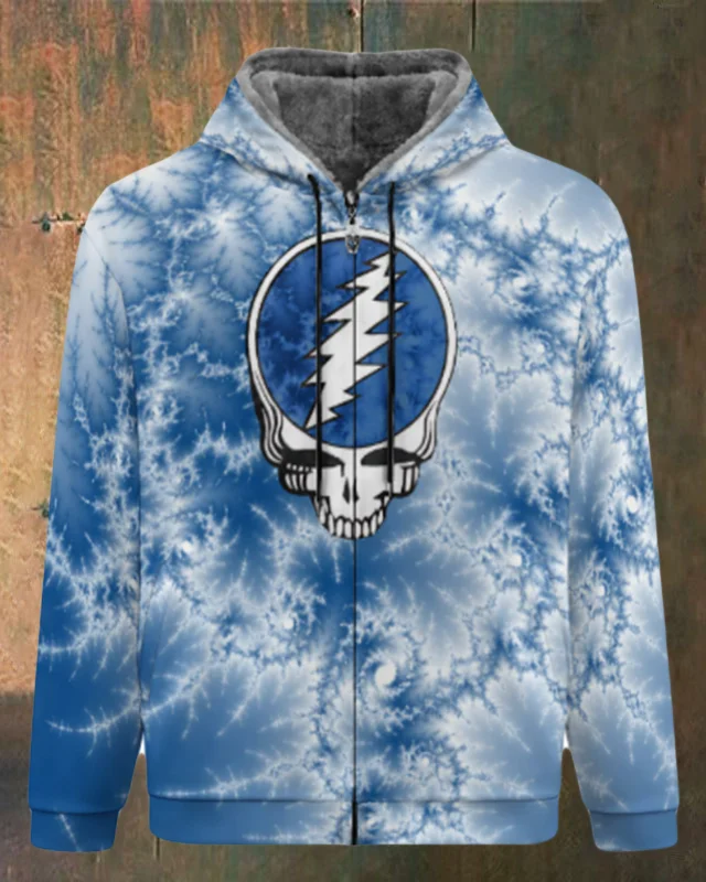 Unisex Skull Print Double Layer Fleece Zip-Up Hooded Jacket