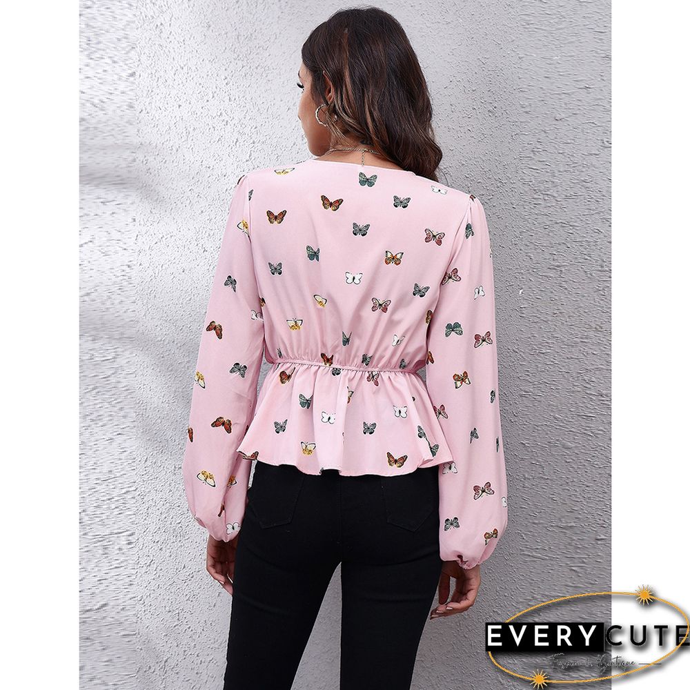 Pink Floral Print Slim Fit Lantern Sleeve Tops