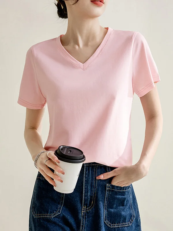Loose Short Sleeves Solid Color V-Neck T-Shirts Tops