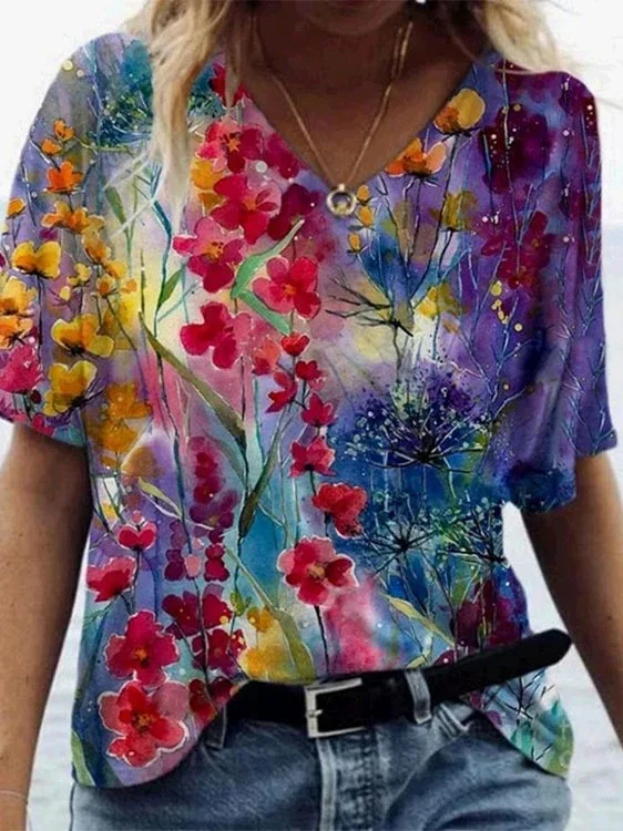 Women'S Floral Art Print Tie Dye V-Neck T-Shirt
