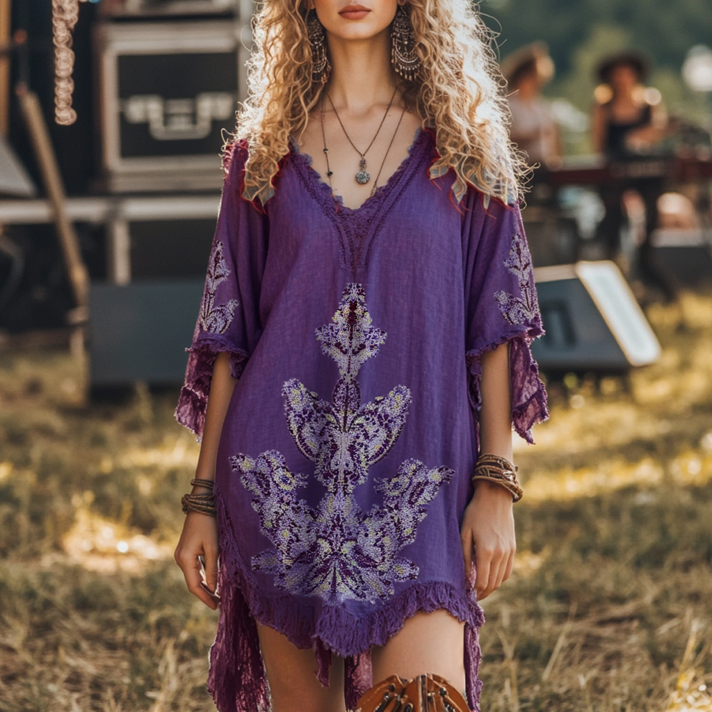 Music Festival Festival Party Bohemian Style Retro Purple Embroidered Lace Dress