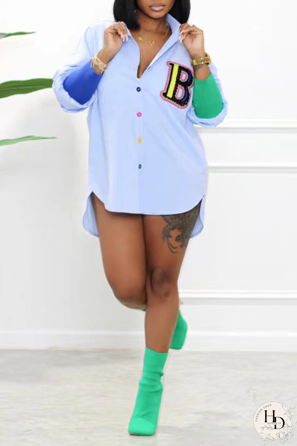 Yellow Casual Print Patchwork Turndown Collar Shirt Dress Dresses