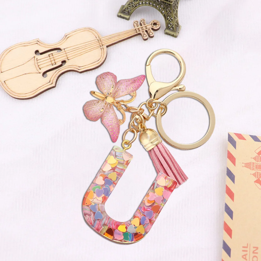 Resin Initial Letter Keychains Alphabet Letter Keychain Pink Tassel Butterfly Key Ring