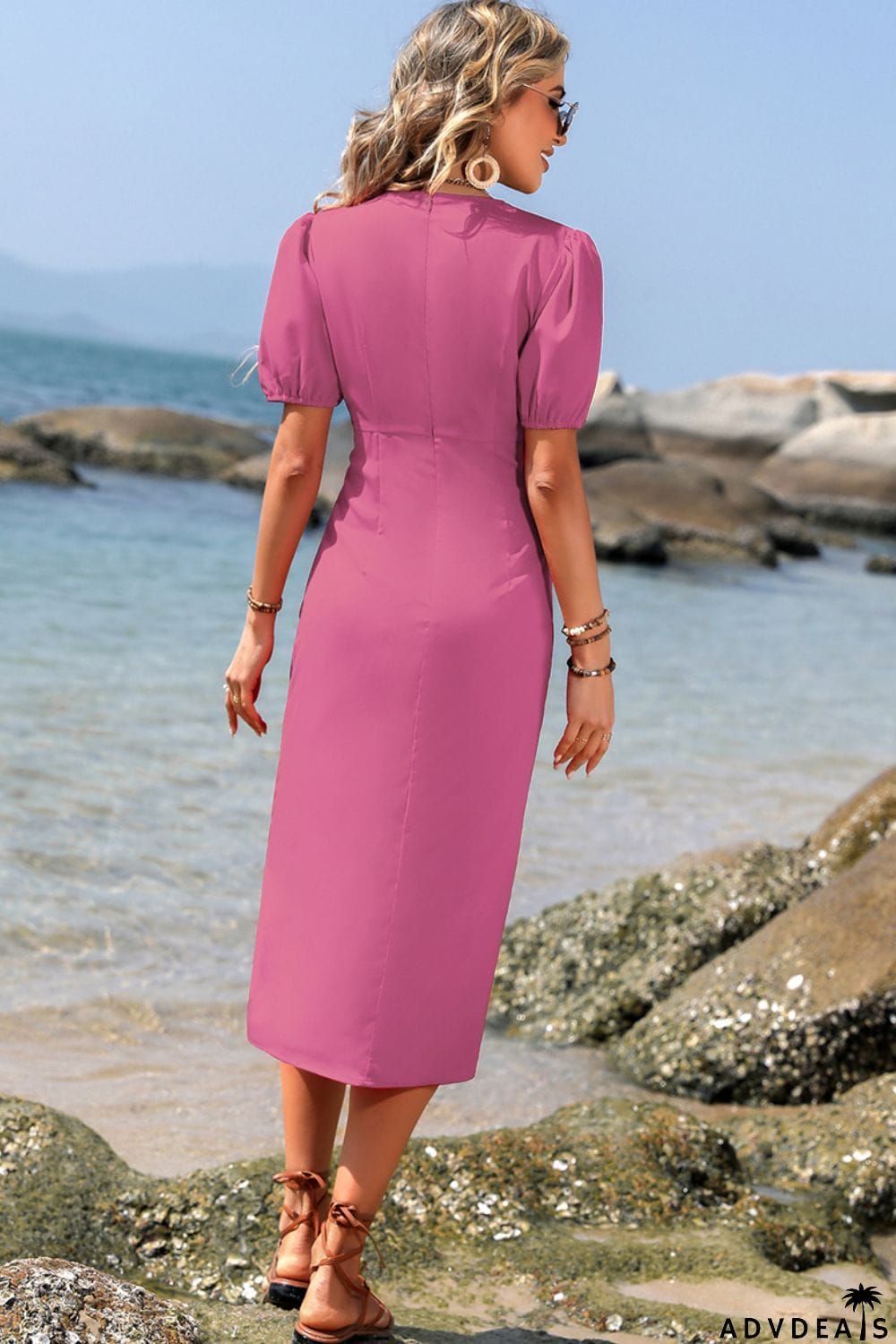 Surplice Neck Ruched Puff Sleeve Dress