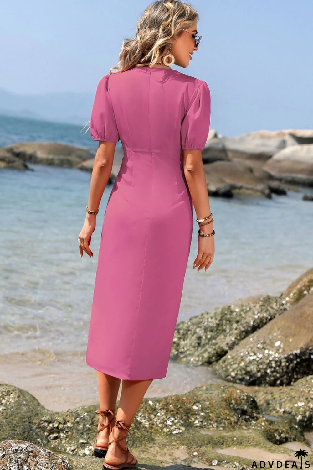 Surplice Neck Ruched Puff Sleeve Dress